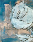 Abstract painting by Kris Horton with a white rose and rose gold and teal background.