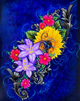 Colorful floral painting with sunflower, purple flower, and pink flowers on a blue background by Kris Horton