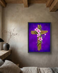 Decorative cross painting with flowers on a purple background in a bedroom setting.