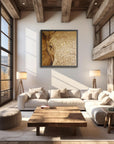 Framed Strength & Honor painting by Kris Horton of a close up of an elephants face in a modern living room with wooden beams, and large windows.