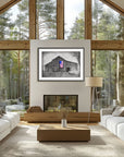 My America painting by Kris Horton hanging over a fireplace in a modern cathedral living room