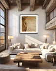 Framed artwork Strength & Honor by Kris Horton a close up sepia painting of an elephants eye in a modern rustic living room.