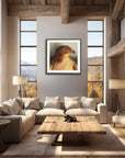 Framed painting by Kris Horton of a hawk in a modern rustic living room with large windows and scenic view.
