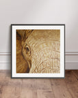 Black framed artwork by Kris Horton of an elephant's face leaning against a wall on a wooden floor.