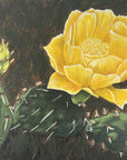 Yellow cactus flower with green cactus pads on a dark background painting by Kris Horton