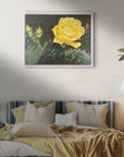 Framed canvas print of Beauty Among Thorns painting by Kris Horton hanging above a bed