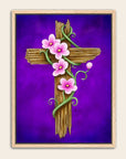Wooden cross with pink flowers on a purple background