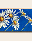 Daisy Days painting by Kris Horton featuring five white daisies on a bright blue background.