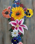Decorative cross with colorful flowers on a gray background painting by Kris Horton.