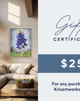 Living room with a painting of bluebonnets and a gift certificate for Krisartworks.com.