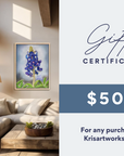 Living room with a painting of bluebonnets and a gift certificate for $500 from Krisartworks.com.