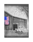 Artistic depiction of a truck in front of a barn with an American flag, painting by Kris Horton