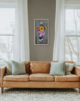 Floral cross painting by Kris Horton framed canvas print, hanging on wall in living room.