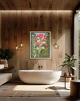 Indian paintbrush floral painting by Kris Horton in a modern rustic bathroom.