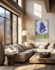 Modern living room with a sectional sofa, coffee table, and wall art of a painting of a bluebonnet by Kris Horton.