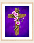 Wooden cross with pink flowers on a purple background, framed in oak with white mat painting by Kris Horton.
