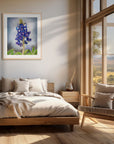 Bluebonnet painting by Kris Horton in a cozy bedroom with large windows and scenic view.
