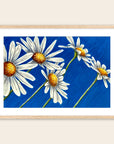 Daisy Days painting by Kris Horton featuring five white daisies on a bright blue background. in an oak frame