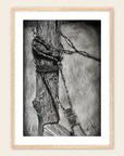 Oak framed Bound painting by Kris Horton of a fence post with barb wire.
