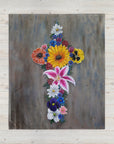 Cross in bloom painting of vibrant flowers making a cross by Kris Horton on a blanket