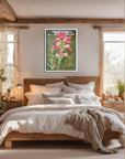 Painting of Texas Bloom No. 2, by Kris Horton, an Indian Paintbrush flower above a cozy bed.