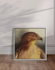 White framed Watchful close up red tail hawk painting by Kris Horton leaning against the wall.