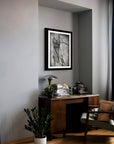 framed canvas print by Kris Horton, Bound, a black and white painting of an old fence post wrapped with barb wire