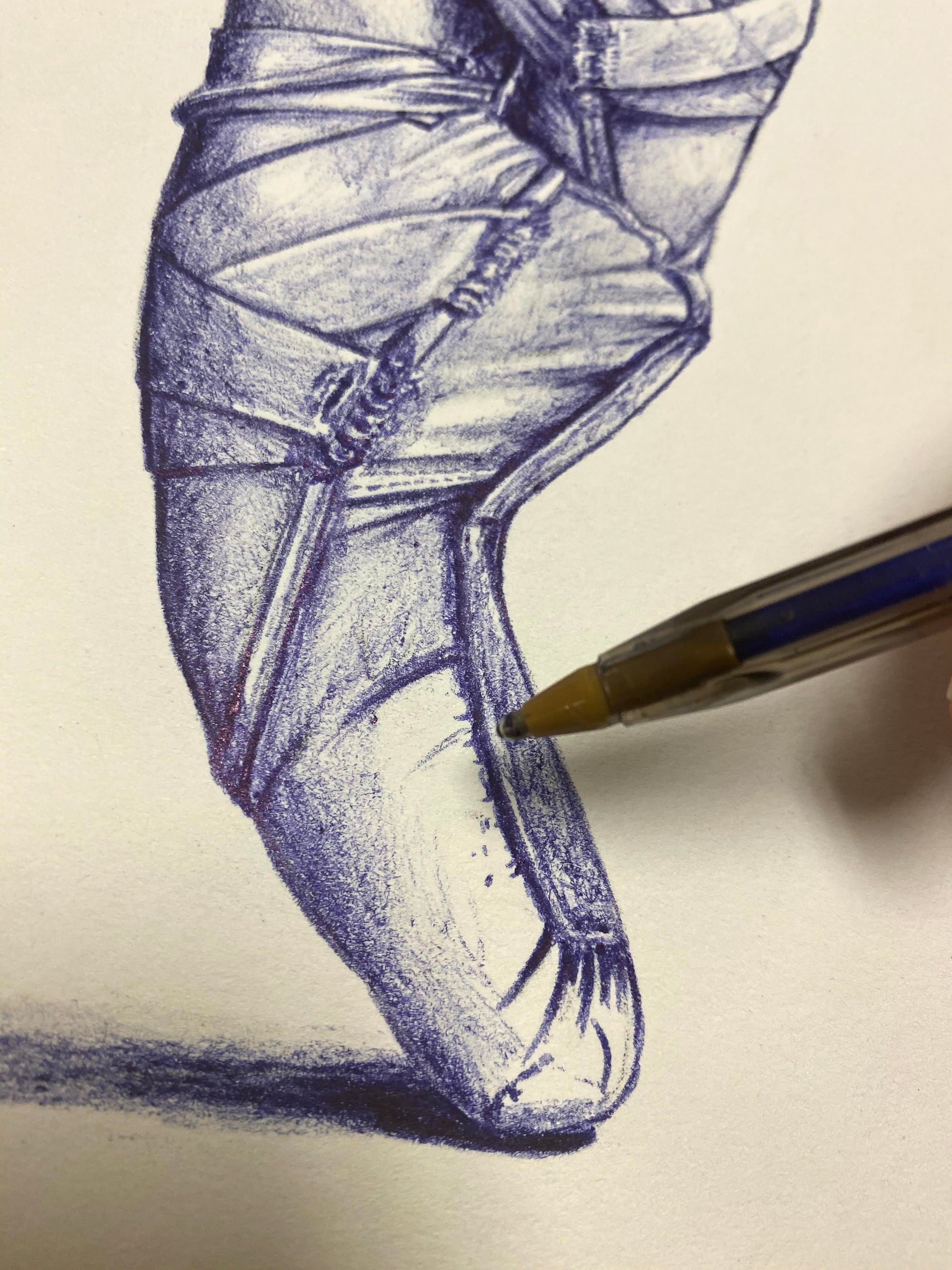 Kris Horton drawing with ball point pen, pointe shoes