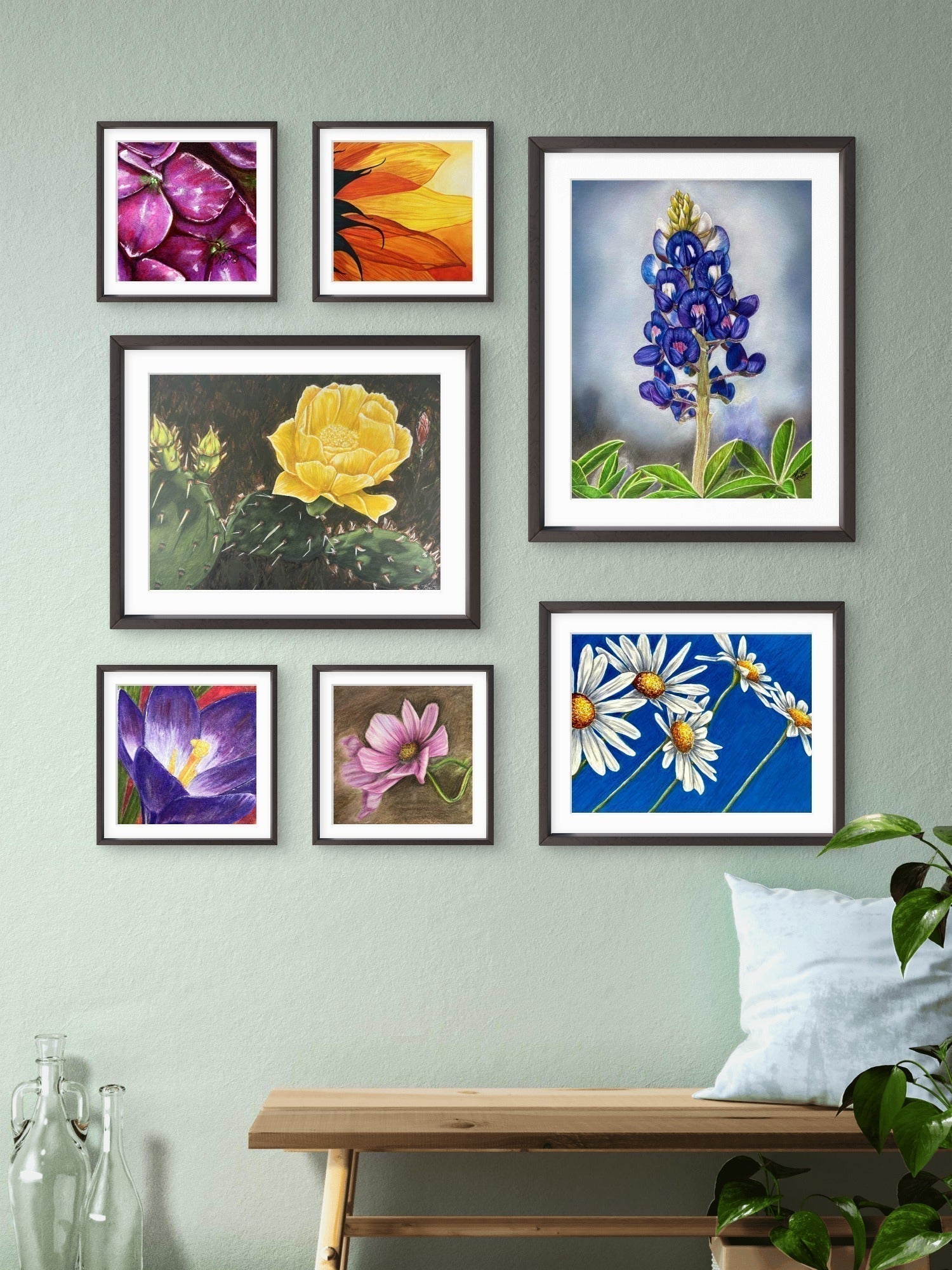 Floral Gallery wall Cluster style with floral art by Kris Horton