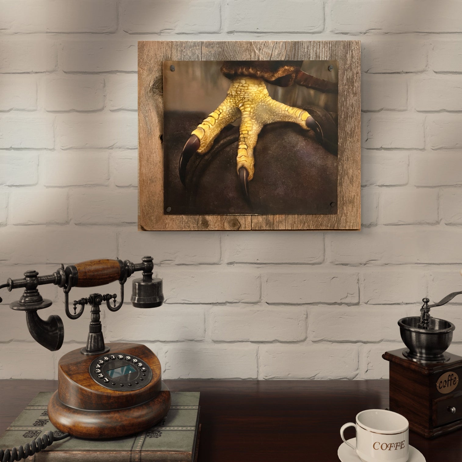 Original painting by Kris Horton, Talon, a red tail hawk foot, hanging on a wall in a rustic room.