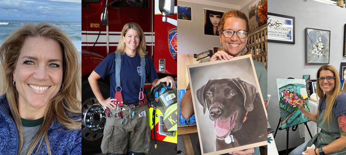 Collage of 4 different pictures of Kris: smiling on the beach, in bunker gear as a firefighter, with a pet portrait, painting at an event.