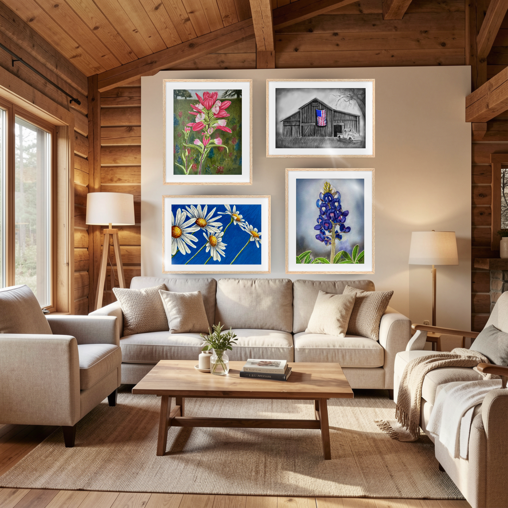 Four framed paintings by Kris Horton that are a part of the Homegrown - South Texas Inspired Collection, a bluebonnet, an Indian Blanket, Daisies, and a barn with an American flag