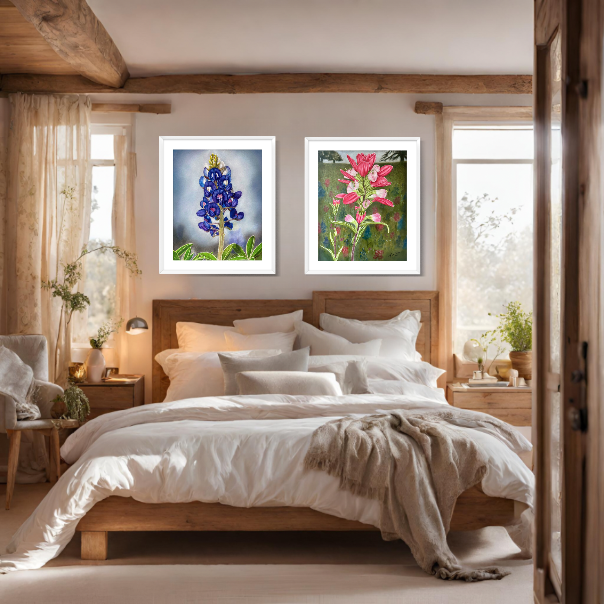 Framed paintings of Texas Bloom No. 1 and Texas Bloom No. 2 by Kris Horton hanging above a bed