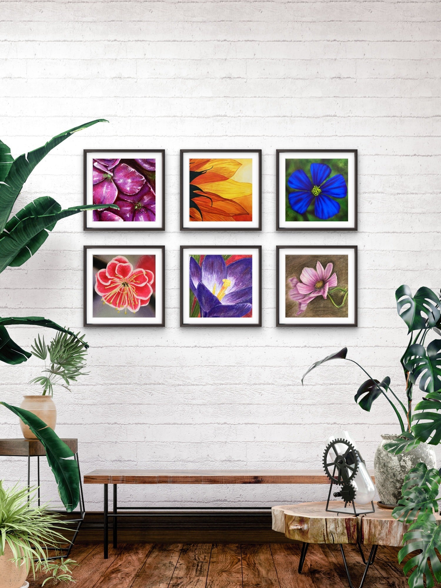 Floral Gallery wall of 6 mini prints painted by Kris Horton