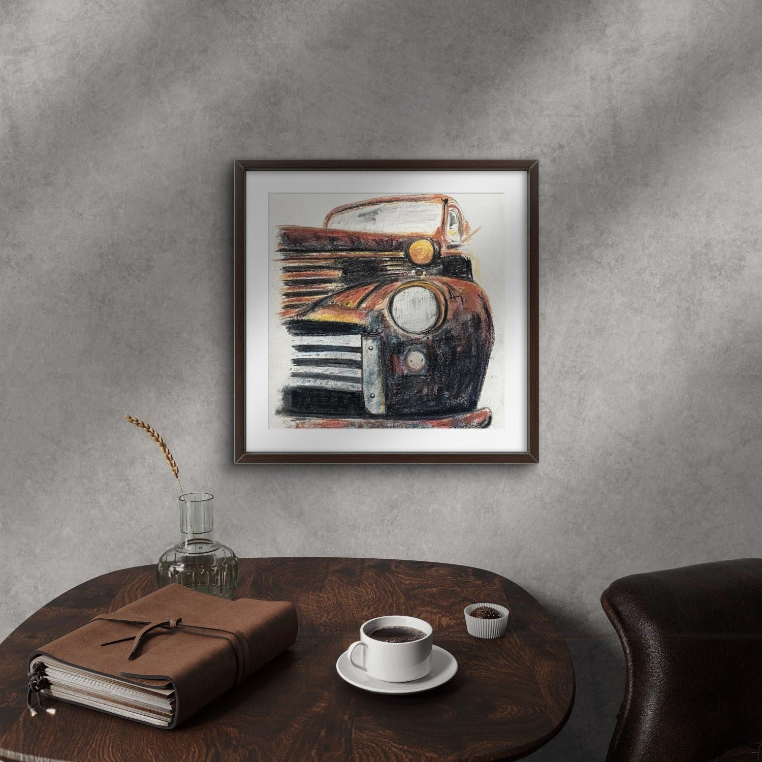 A framed art print depicting a vintage rusted metal car grill, pastel drawing by Kris Horton.