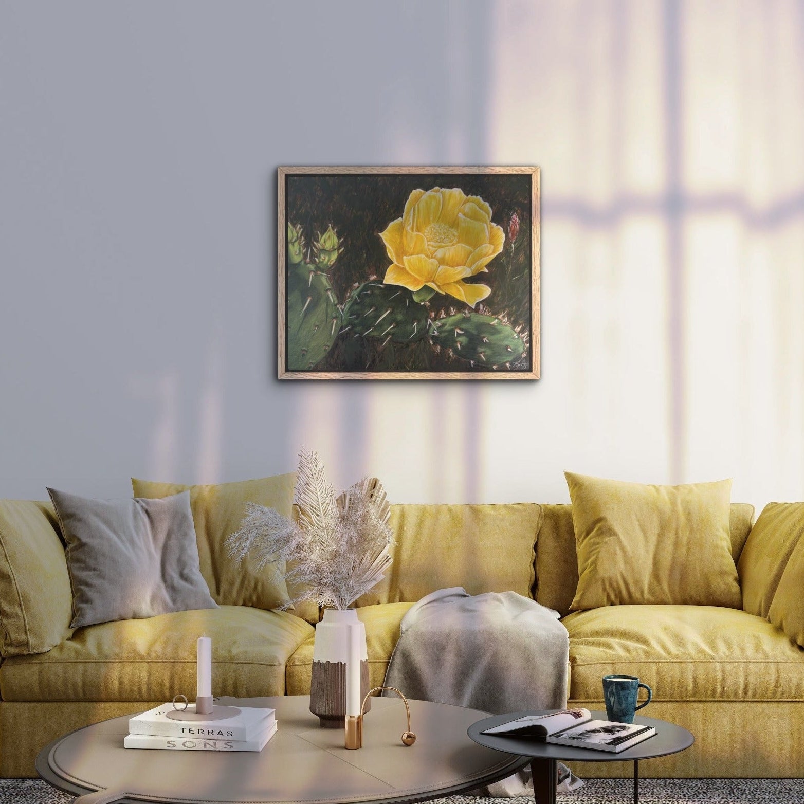framed canvas print, beauty among thorns, painting by Kris Horton in a living room above a couch