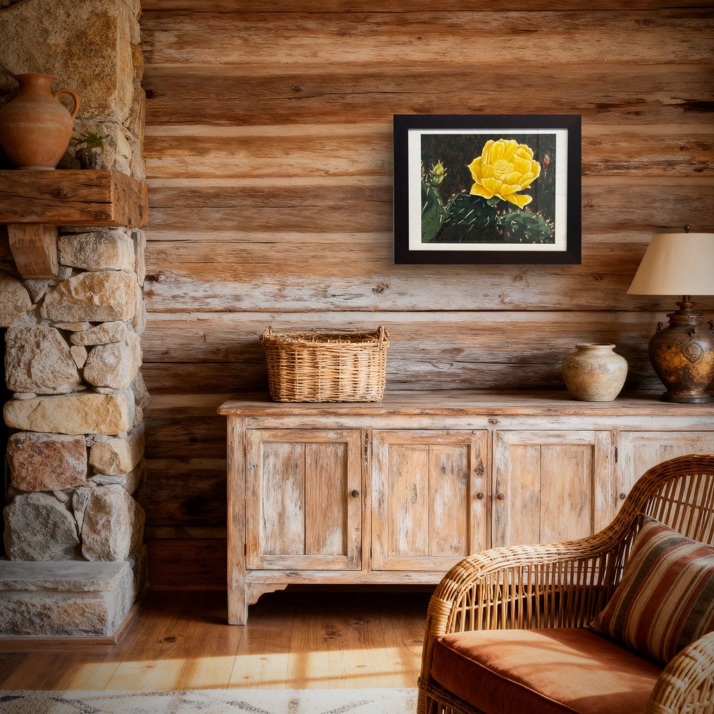 Framed original cactus flower painting by Kris Horton in a rustic living room