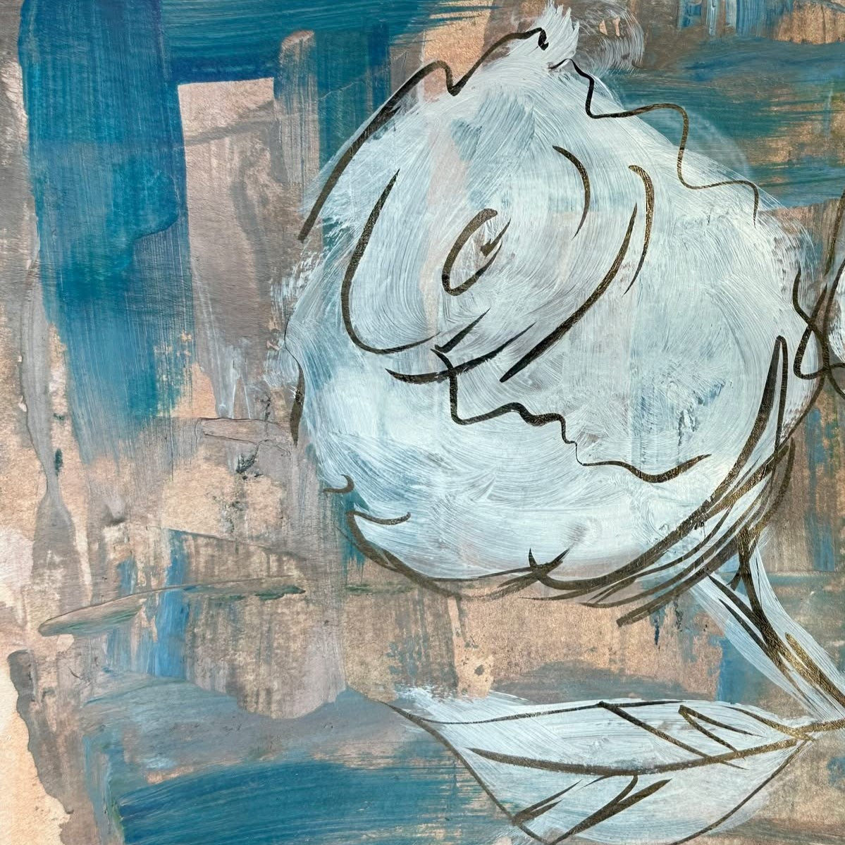 Abstract painting by Kris Horton with a white rose and rose gold and teal background.