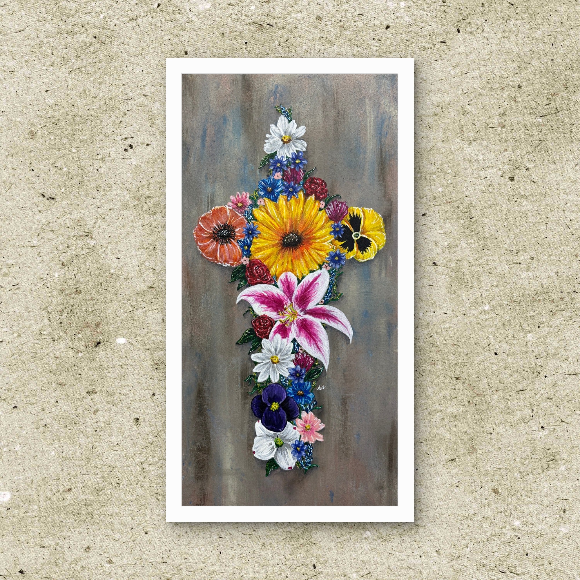 Unframed fine art print of Cross in Bloom, a floral cross painting by Kris Horton