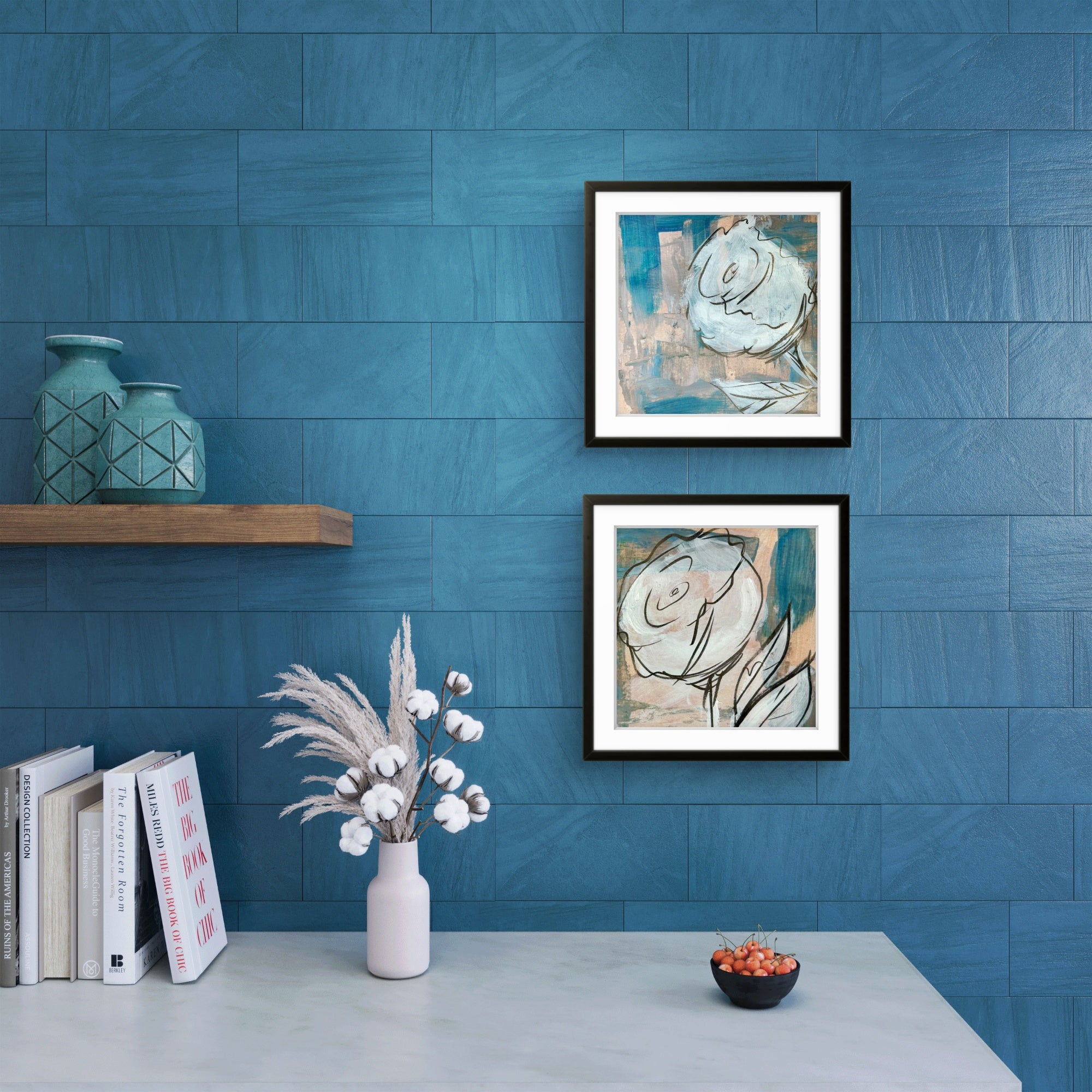 Soft Bloom abstract floral print set by Kris Horton framed on blue wall