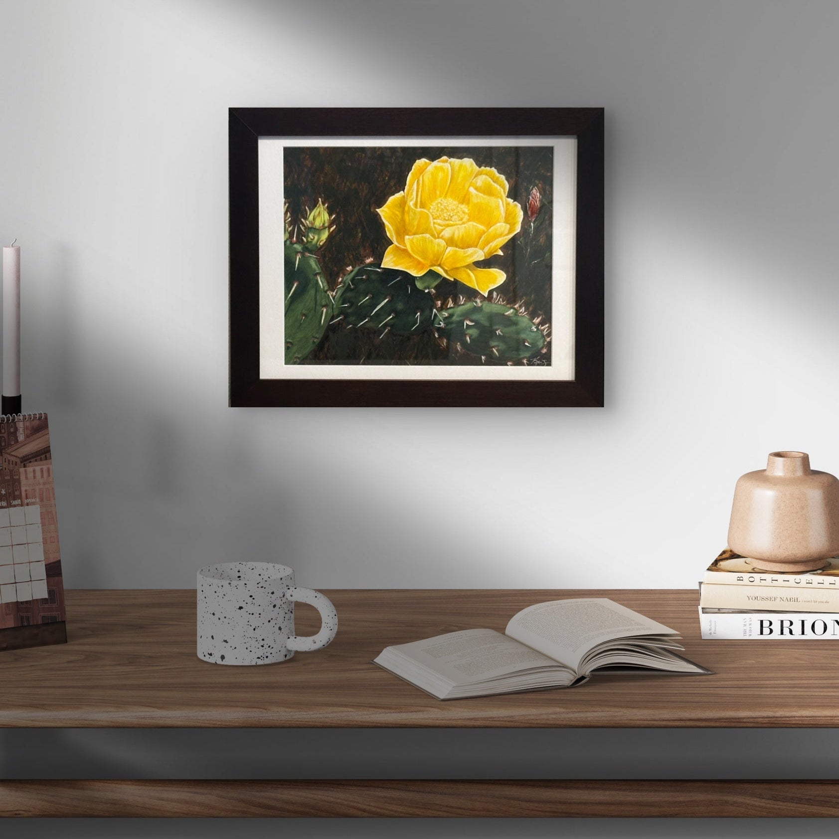 Framed original painting of Beauty Among Thorns hanging in home