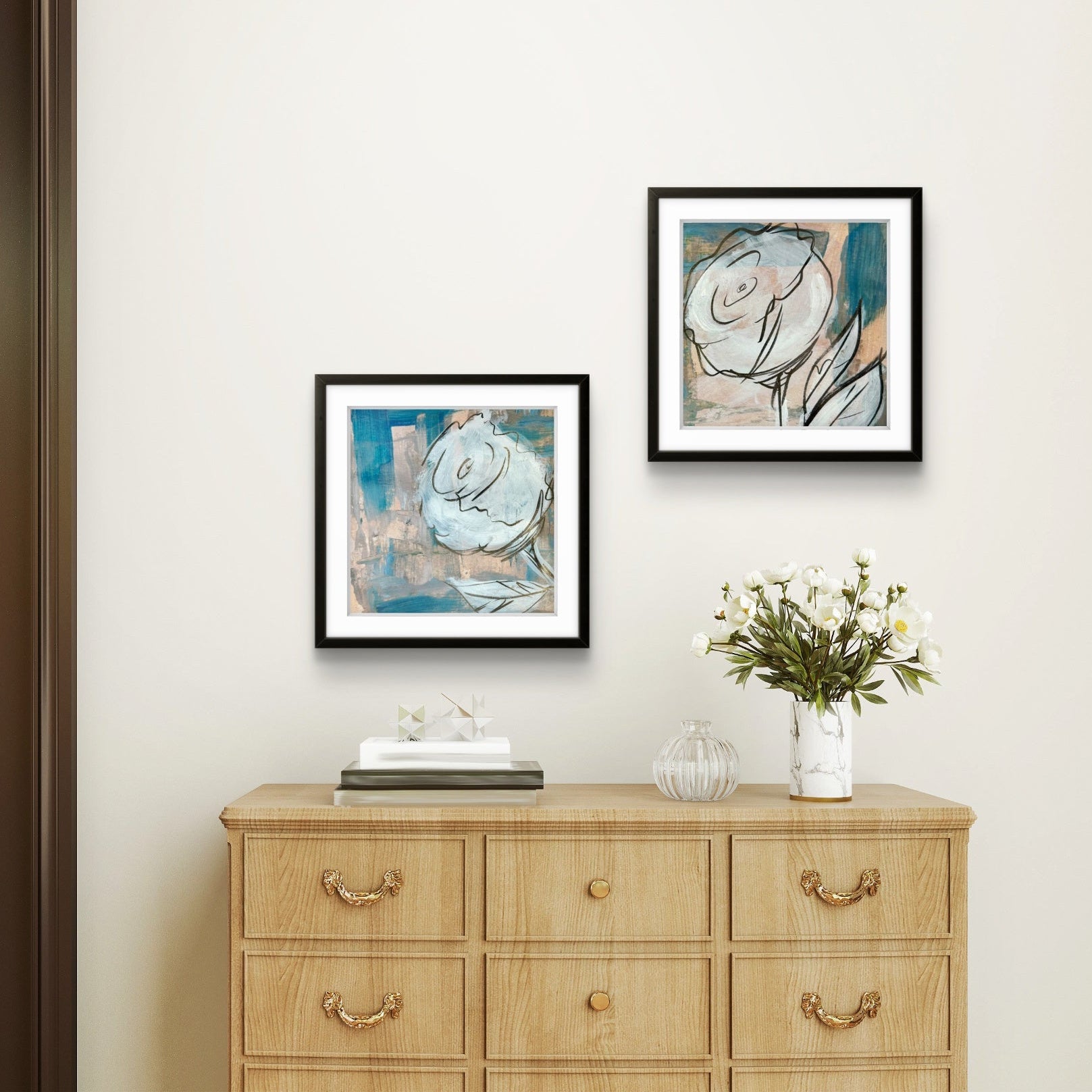 Framed mini print set by Kris Horton abstract background with white roses
