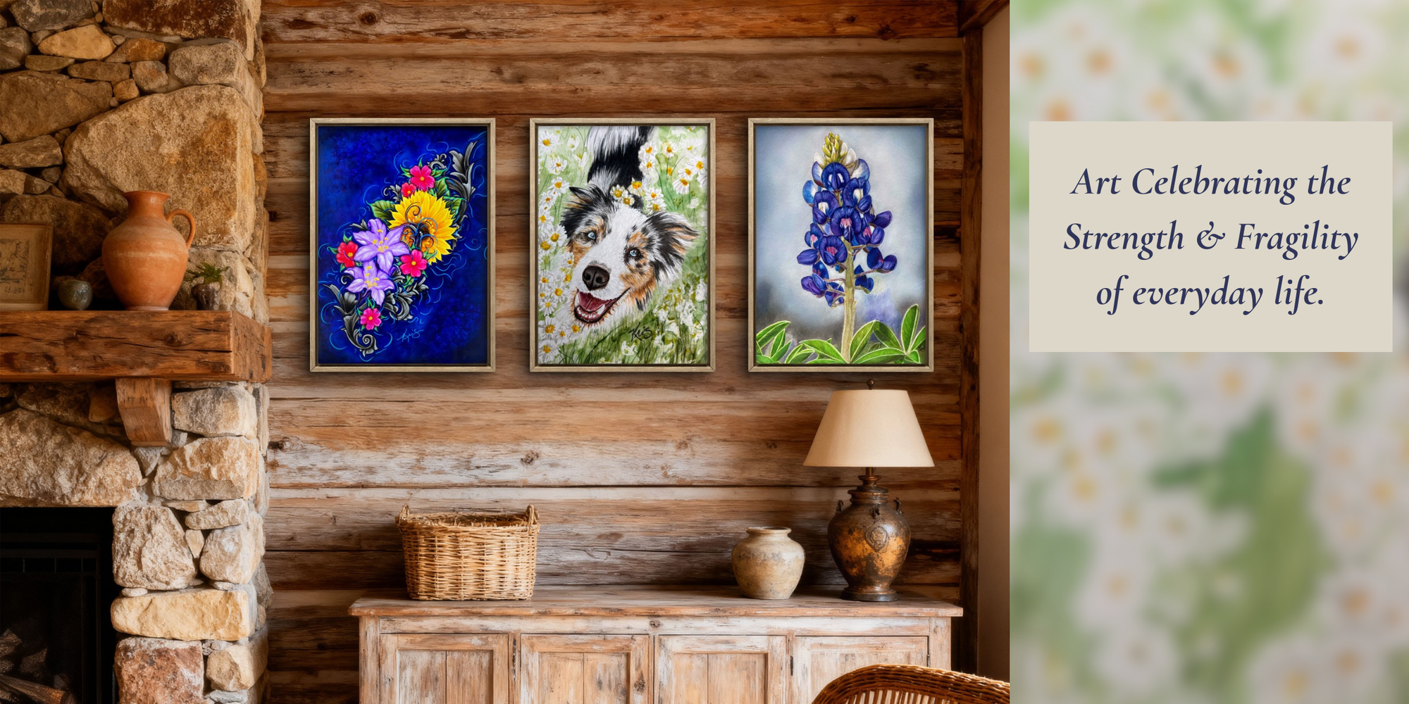 3 framed paintings by Kris Horton, a vibrant floral abstract, a pet portrait, and a bluebonnet hanging in a rustic living room with the quote 'Art celebrating the Strength & Fragility of everyday life.