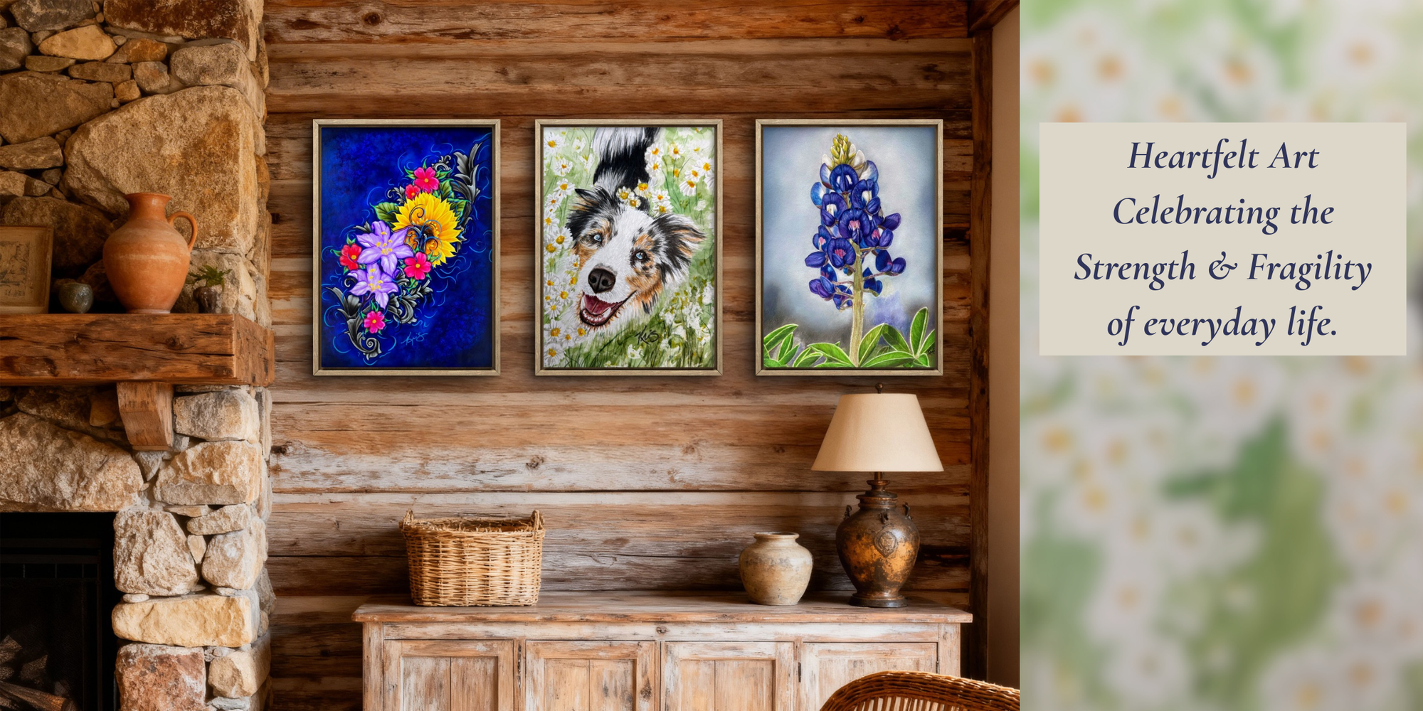 3 framed paintings by Kris Horton, a vibrant floral abstract, a pet portrait, and a bluebonnet hanging in a rustic living room with the quote 'Heartfelt Art celebrating the Strength & Fragility of everyday life.
