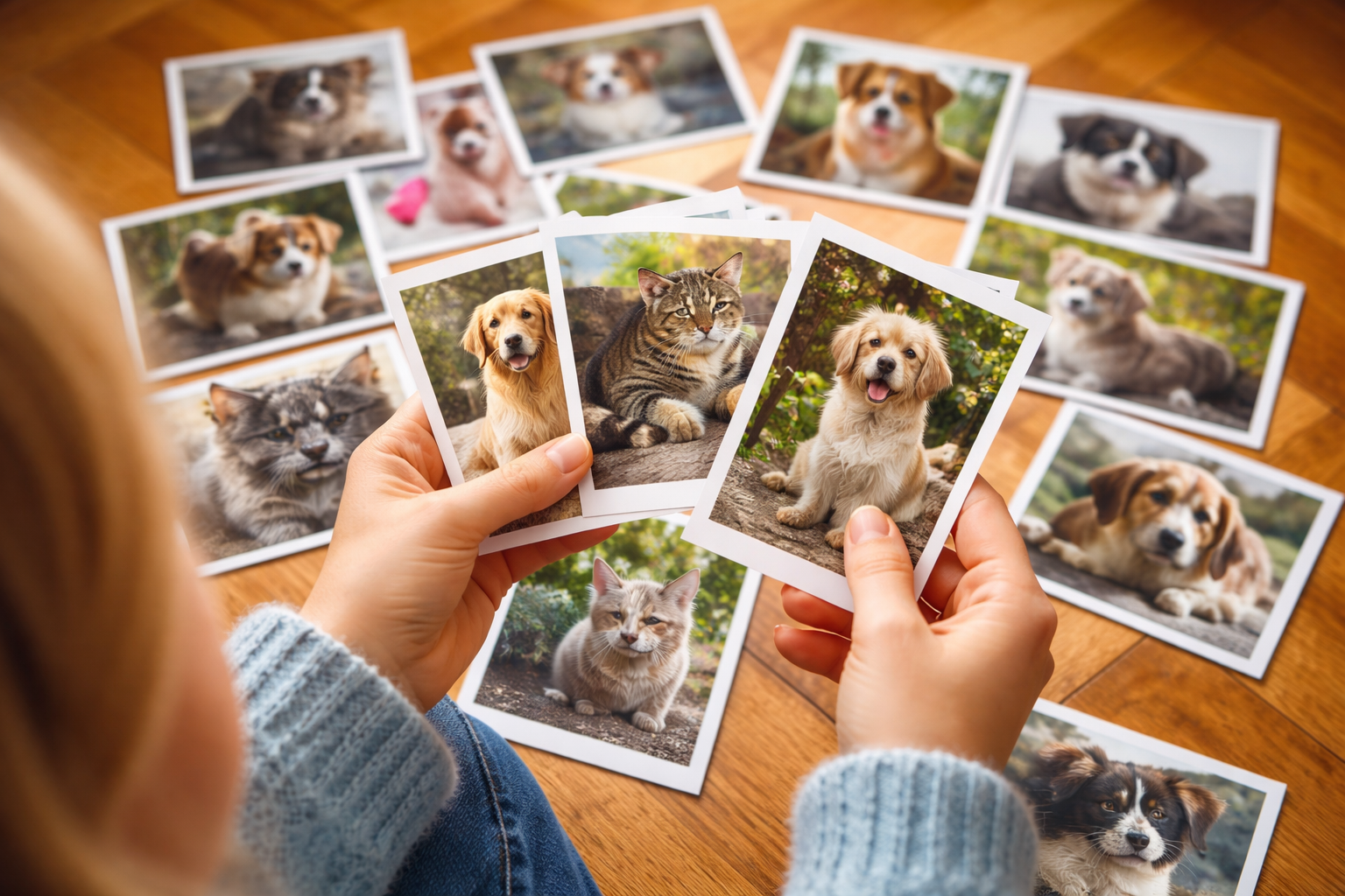 Person trying to pick the best cat and dog photo, surrounded by other animal photos on a wooden surface.