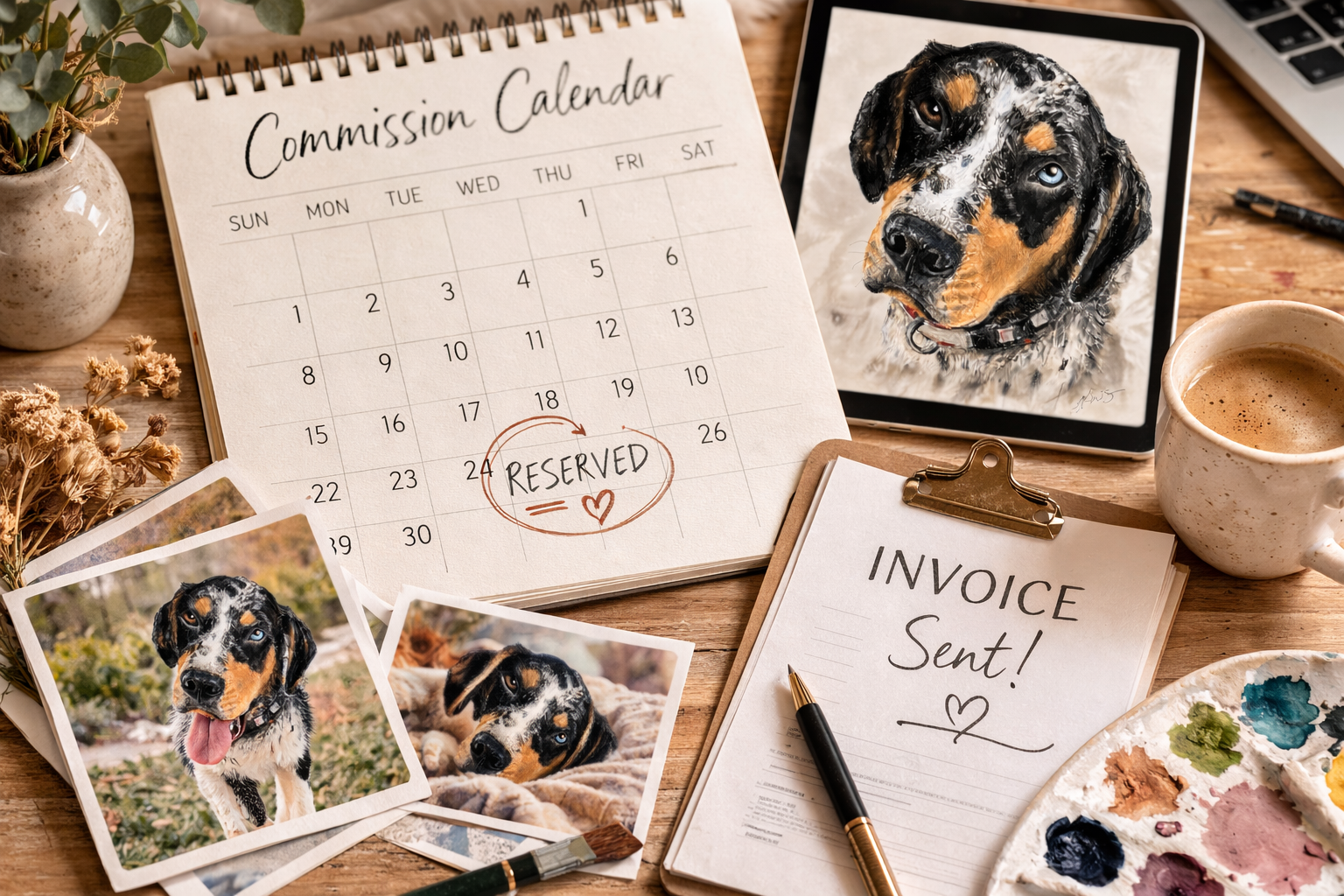 Desk with calendar, photos of a dog, and a cup of coffee