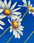 Close up of the painting Daisy Days by Kris Horton which is five daisies against an electric blue textured background