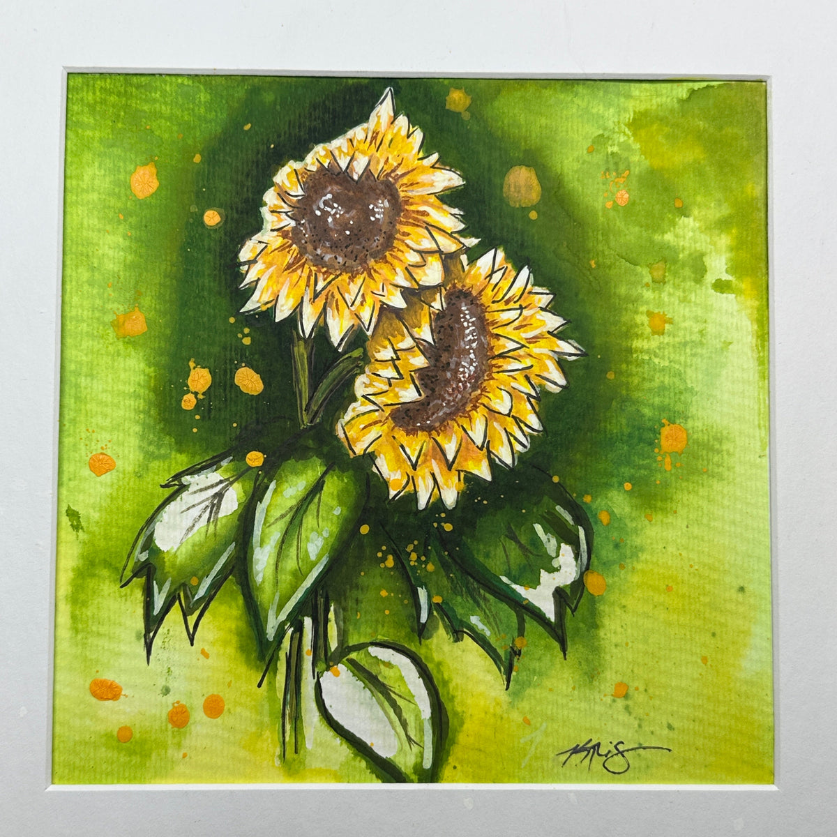 multimedia painting of 2 sunflowers with abstract background by Kris Horton