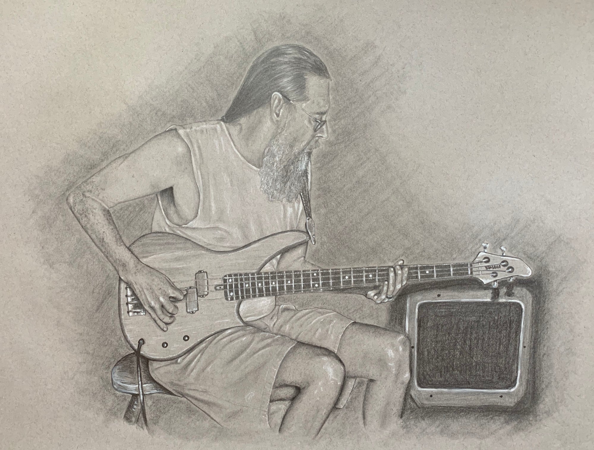 Custom drawing of clients father playing guitar by Kris Horton