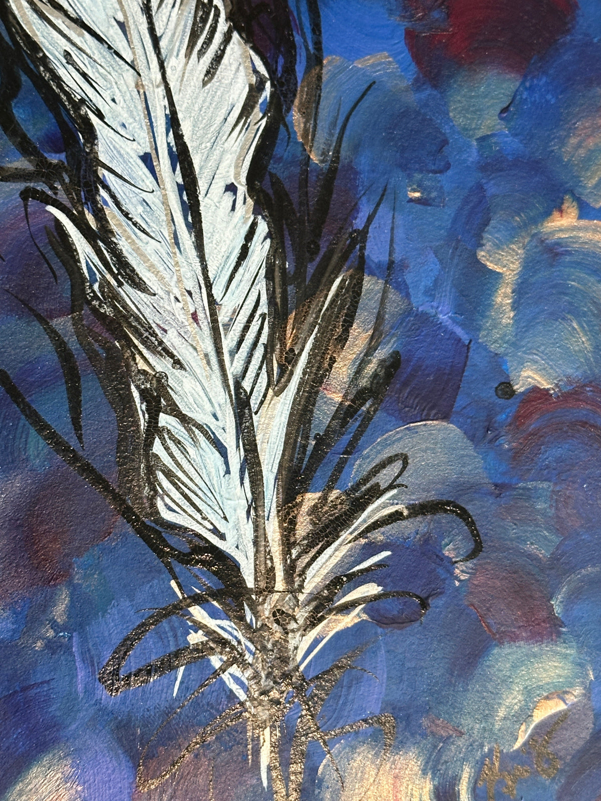 Close up detail of the painting 'A Feathered Thought' where you can see the brush strokes and the metallic paint.